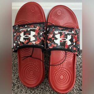 NEW Under Armour Red Slide Sandals with Black & White Camo Strap